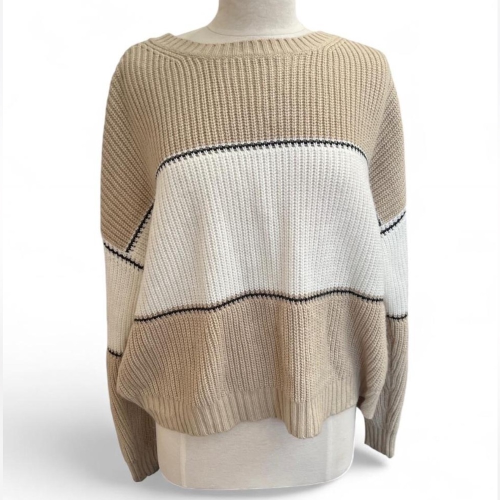 Sanctuary Colorblock Ribbed Knit Oversized Sweater Tan Beige White M